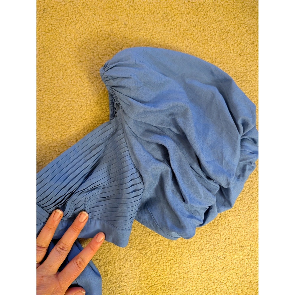Sau Lee Lottie Top Cornflower Blue Linen Puff Sleeve Pleated Crop Top- Size 2 - Picture 6 of 7